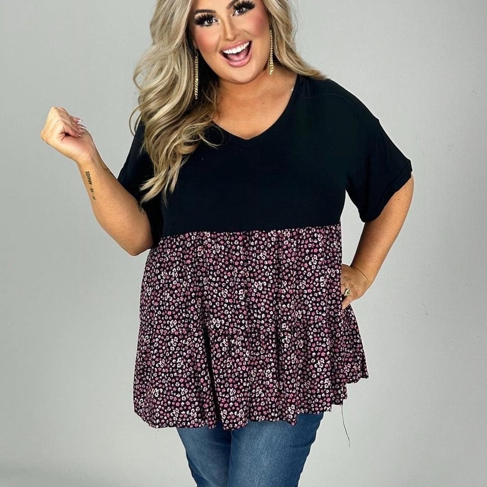 black and pink floral babydoll top size‎ 1X plus